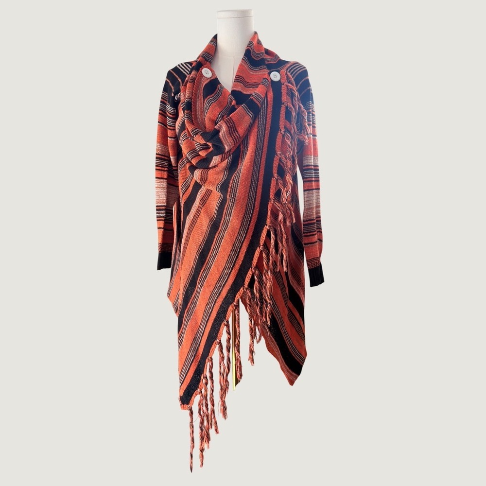 Southwestern Fringe Cardigan Wool Blend Boho Wrap Sweater XXL